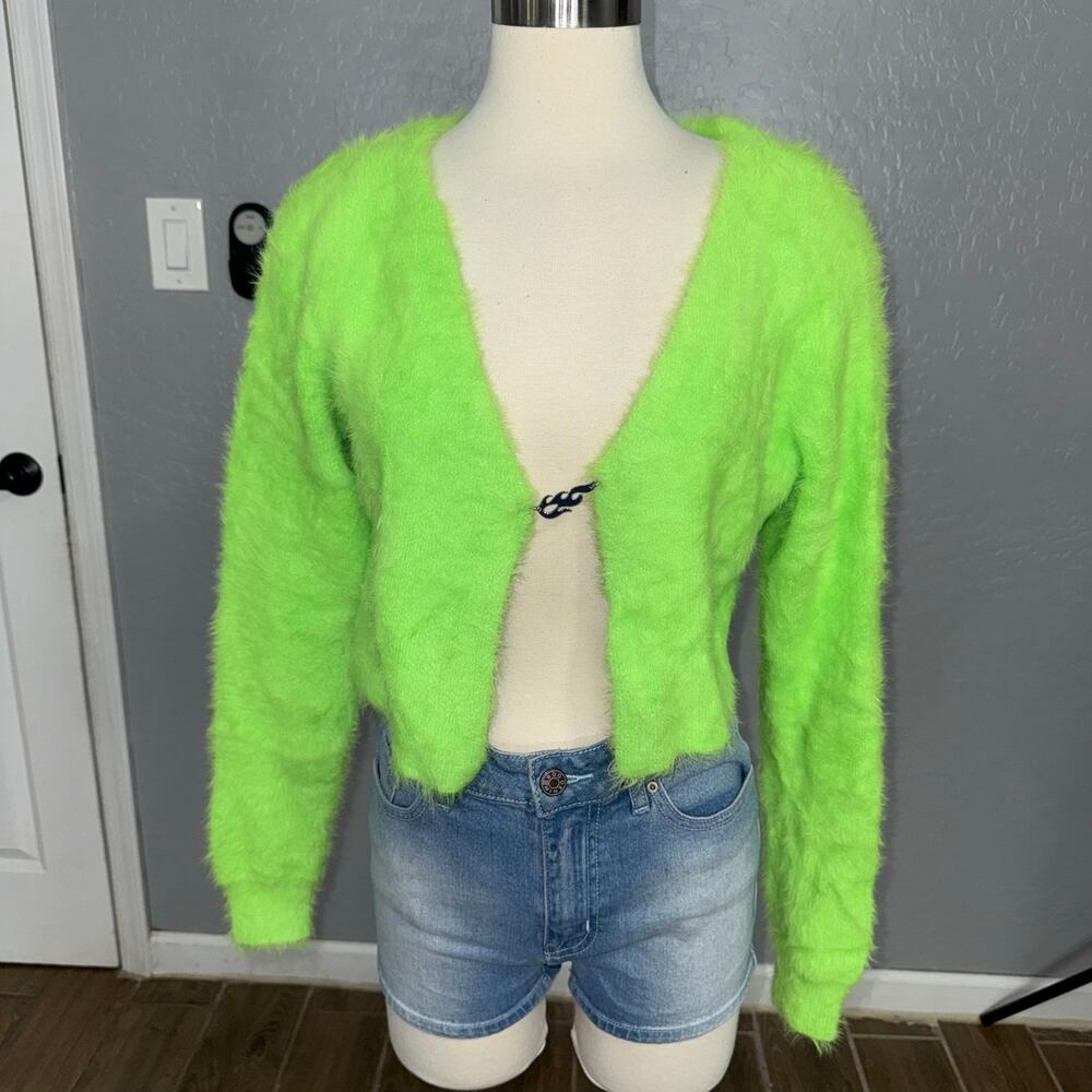 Fabletics Kelly Green Fuzzy Crop Cardigan / Sour Green Size L